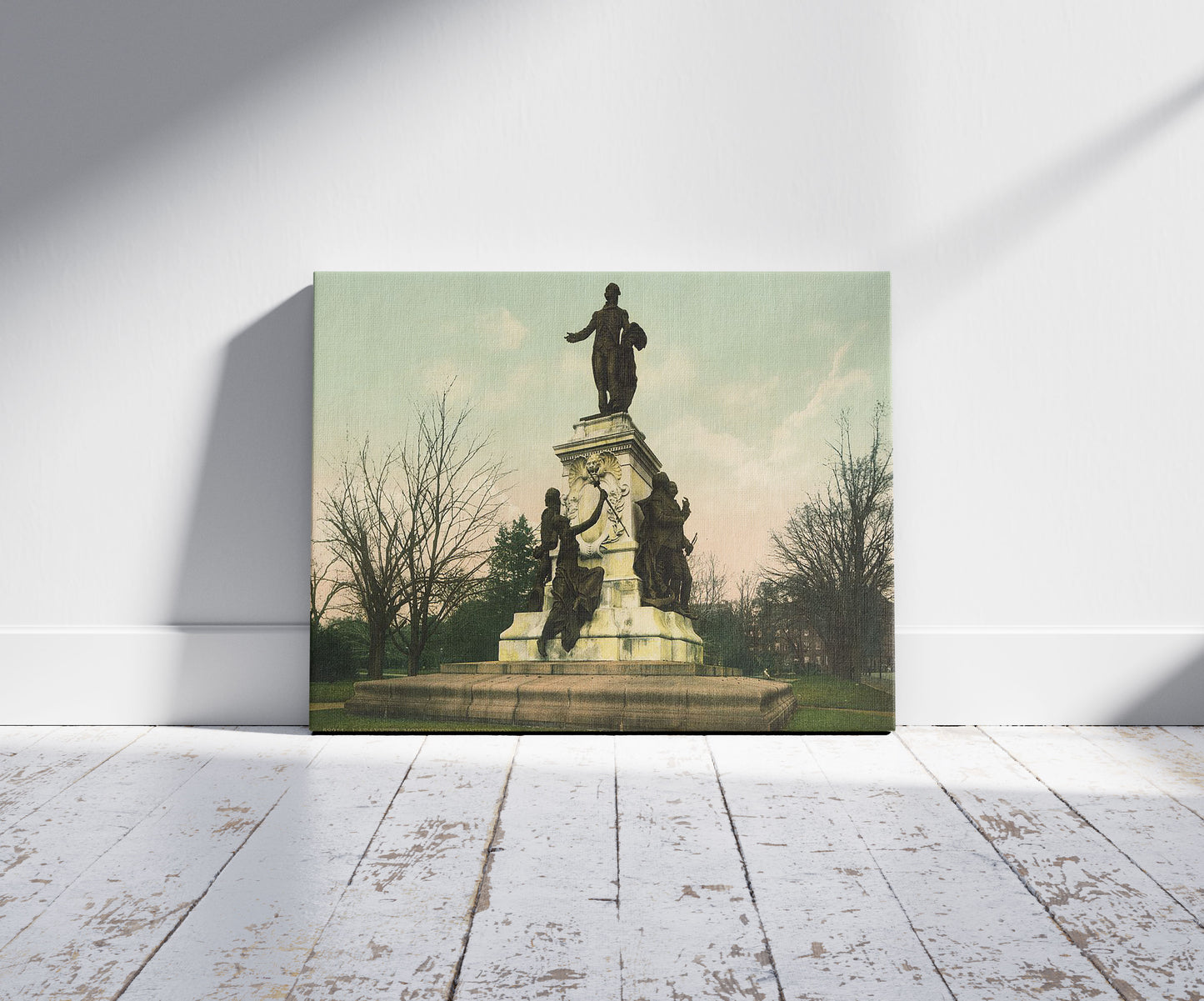 A picture of Lafayette Monument, Washington, a mockup of the print leaning against a wall