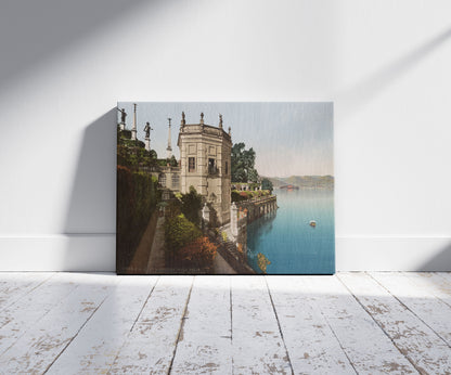 A picture of Lago Maggiore. Isola Bella. Giardino, Parte del Torrione, a mockup of the print leaning against a wall