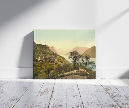 A picture of Lake of Lugano, Porlezza in the background, Tessin, Switzerland, a mockup of the print leaning against a wall