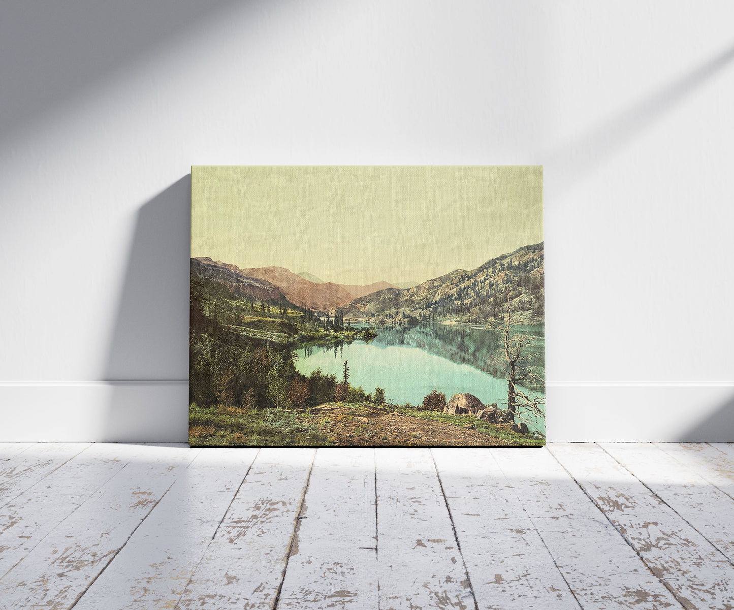 A picture of Lake San Cristoval, Colorado, a mockup of the print leaning against a wall