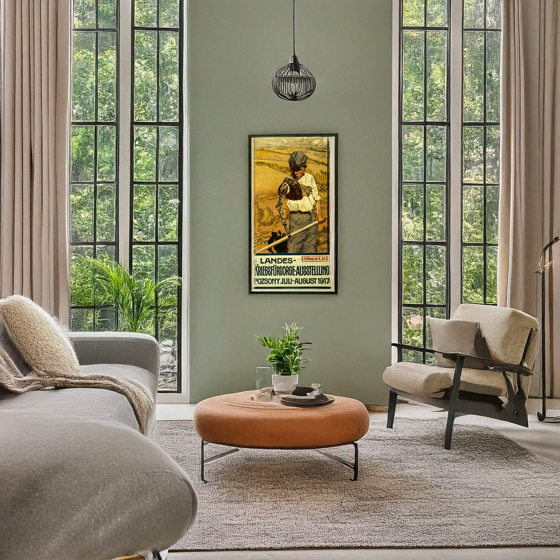 A picture of Landes-Kriegsfürsorge-Ausstellung, a mockup of the print leaning against a wall