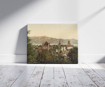 A picture of Lausanne, general view, with Savoy Alps, Geneva Lake, Switzerland, a mockup of the print leaning against a wall