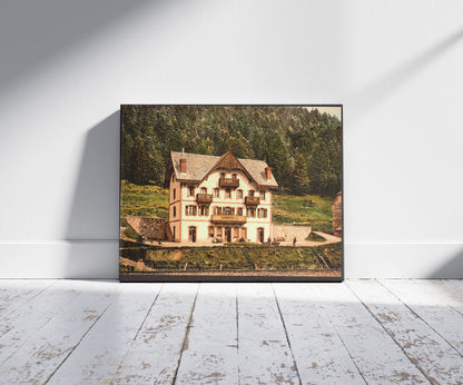 A picture of Le Cantal, le Lioran, Auvergne Mountains, France, a mockup of the print leaning against a wall