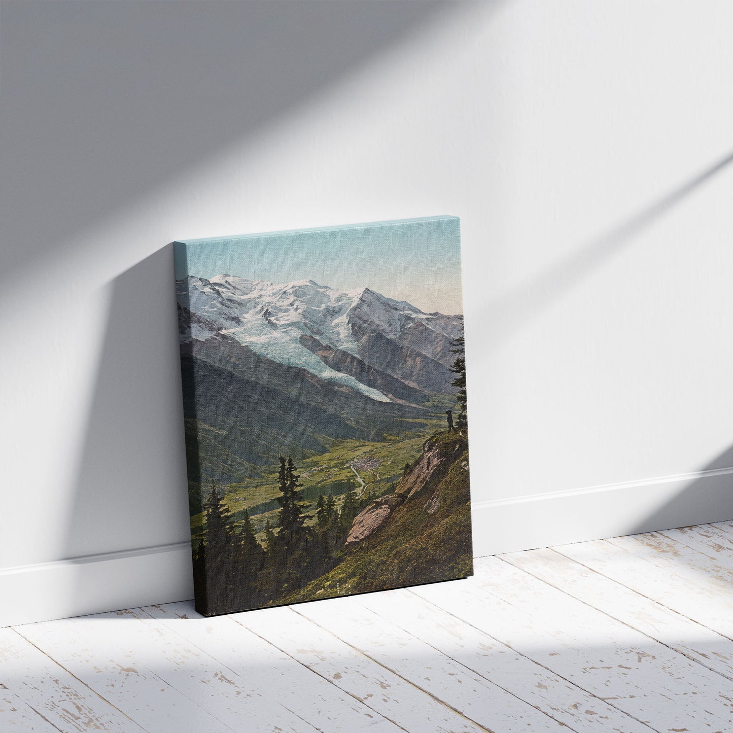 A picture of Le Montblanc, vu de la route de la Flégere, a mockup of the print leaning against a wall