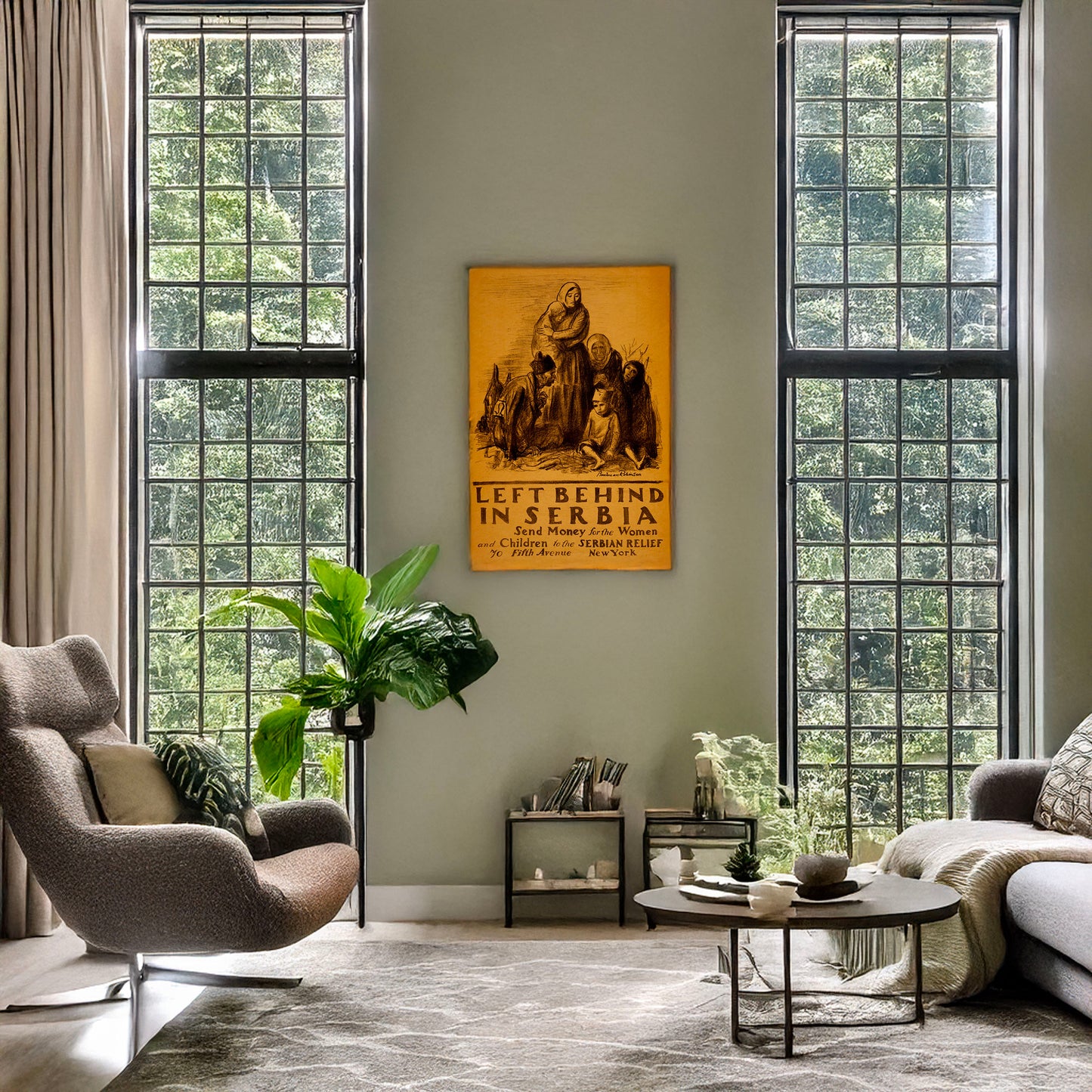 A picture of Left behind in Serbia - Send money for the women and children to the Serbian Relief, 70 Fifth Avenue, New York, a mockup of the print leaning against a wall