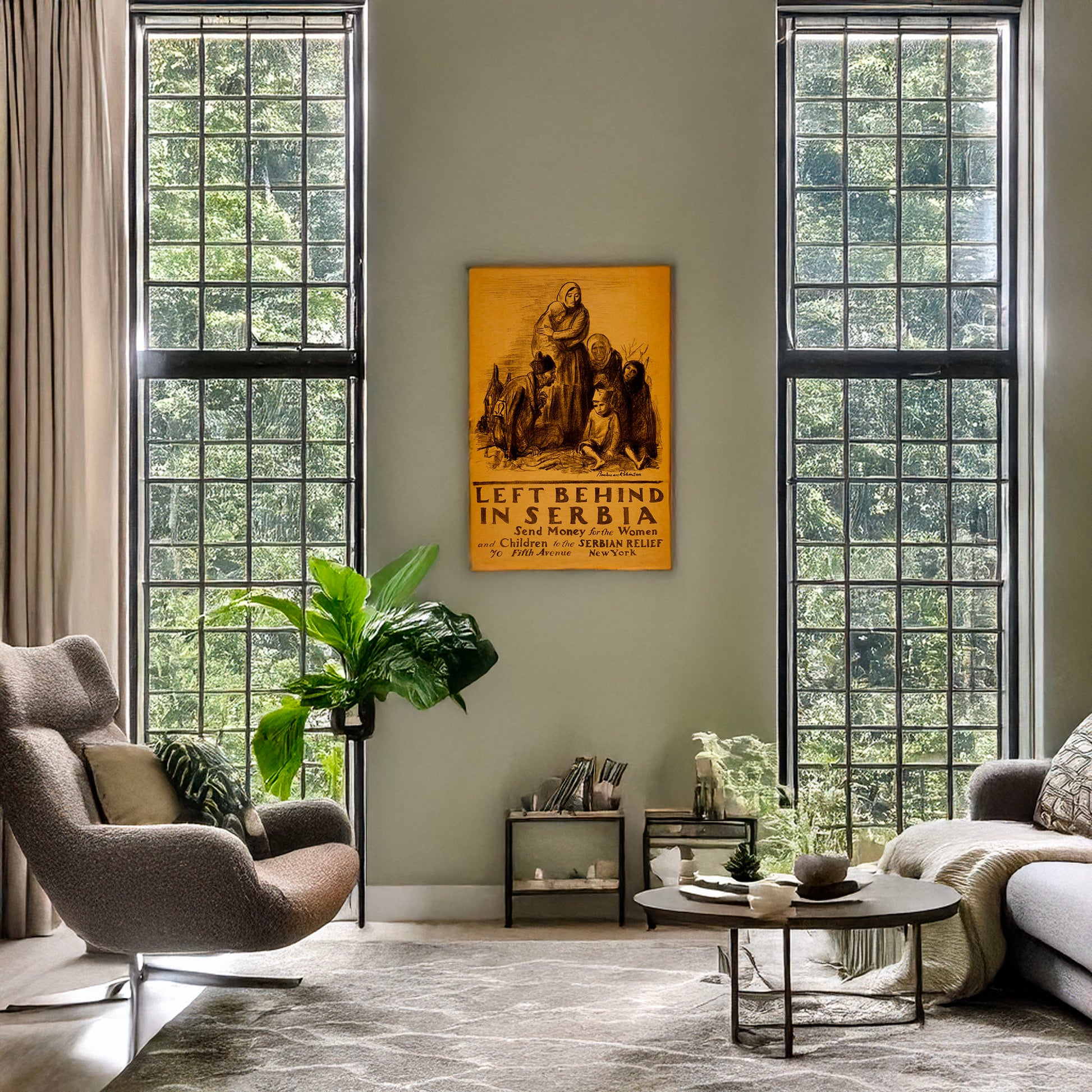 A picture of Left behind in Serbia - Send money for the women and children to the Serbian Relief, 70 Fifth Avenue, New York, a mockup of the print leaning against a wall