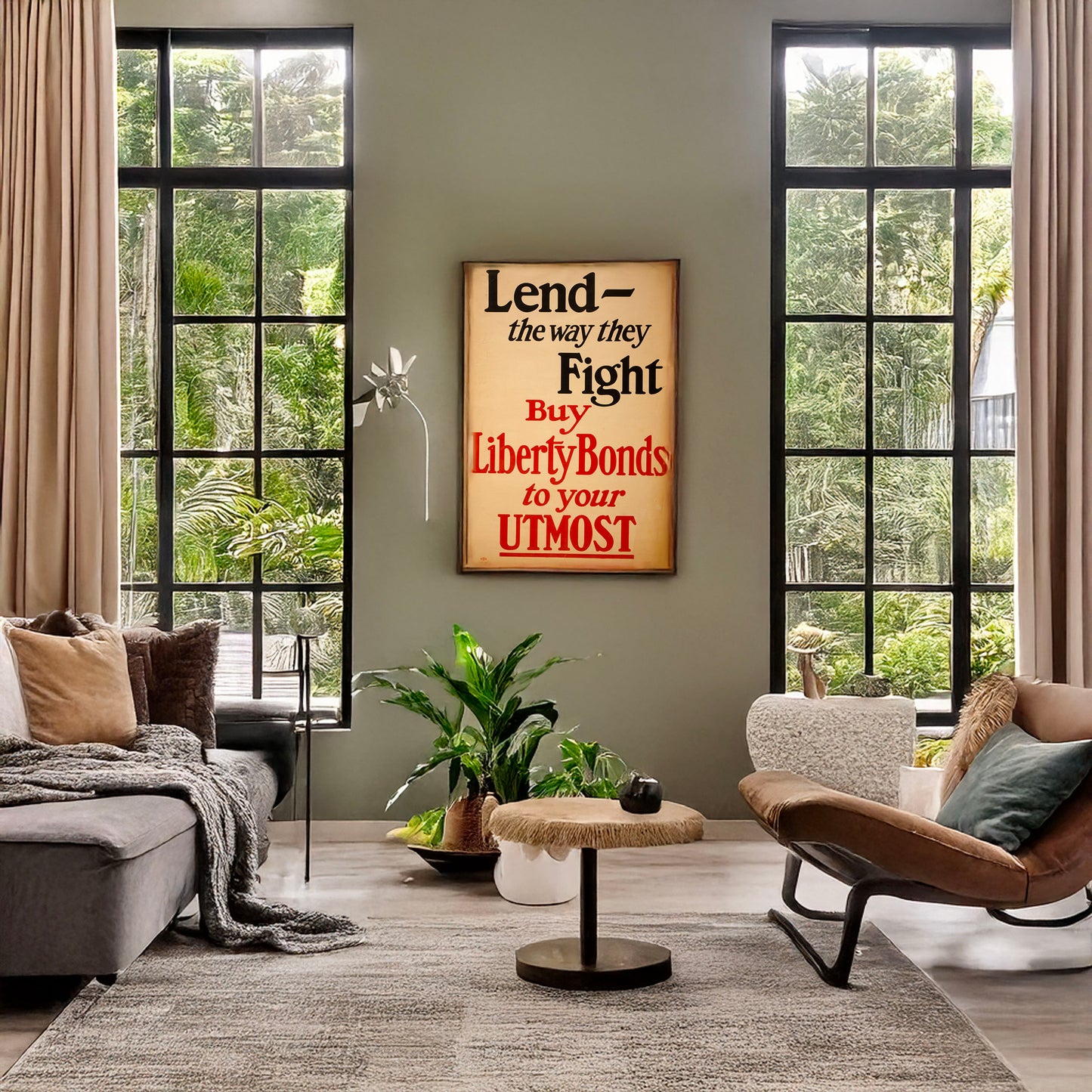 A picture of Lend - the way they fight--Buy Liberty bonds to your utmost, a mockup of the print leaning against a wall