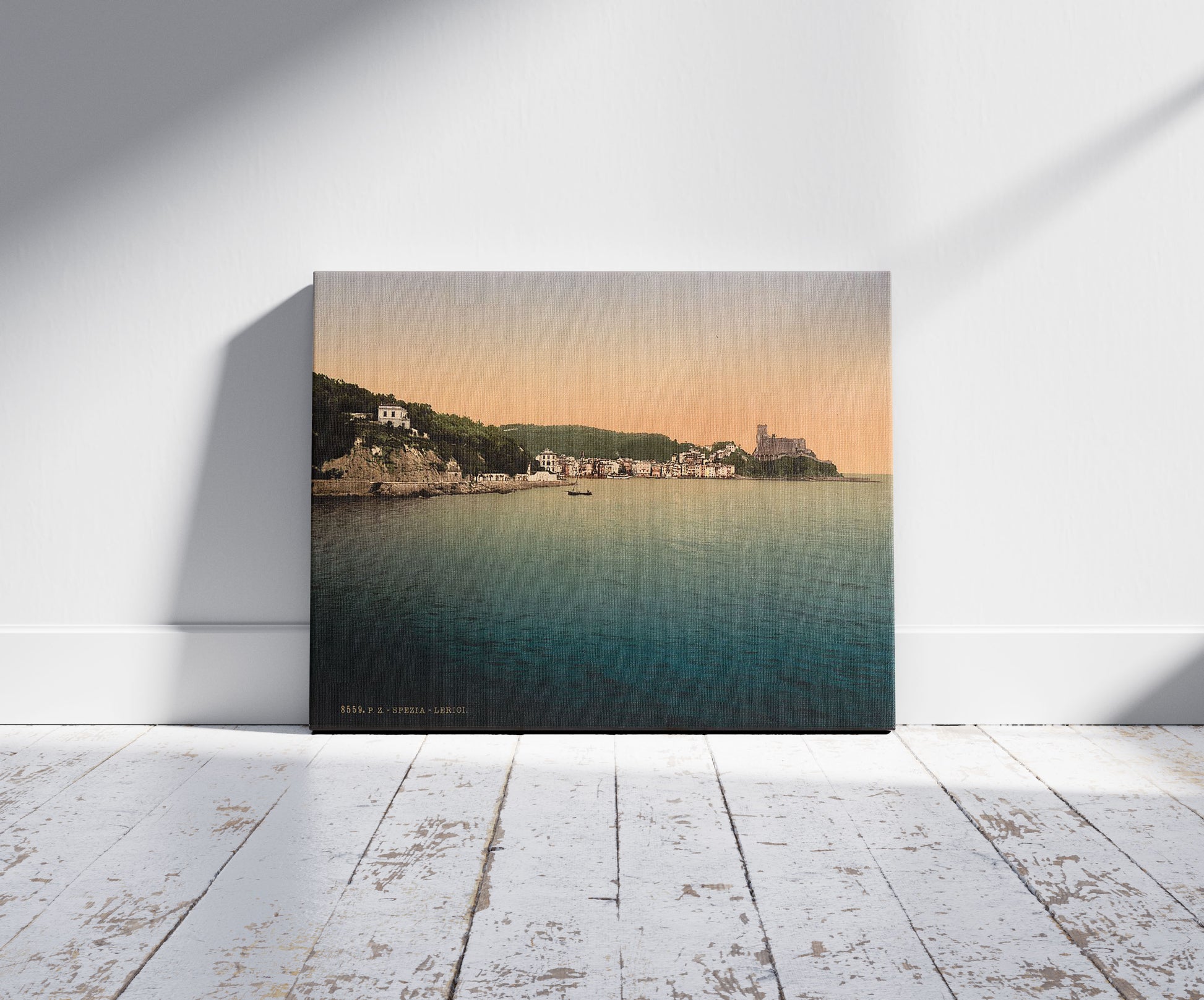 A picture of Lerici, Spezia, Italy, a mockup of the print leaning against a wall