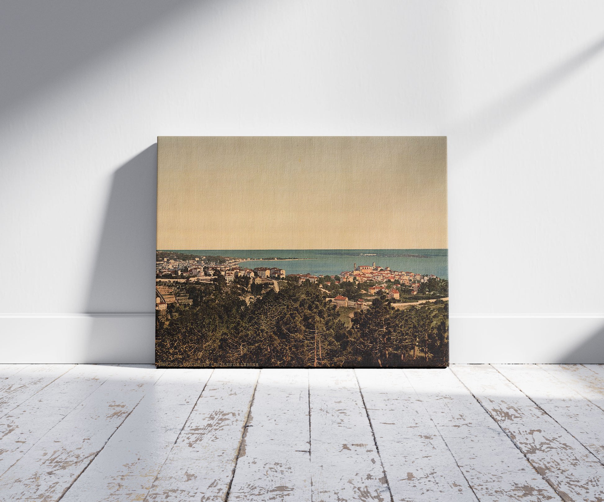 A picture of Les Isles de Lerins, Cannes, Riviera, a mockup of the print leaning against a wall