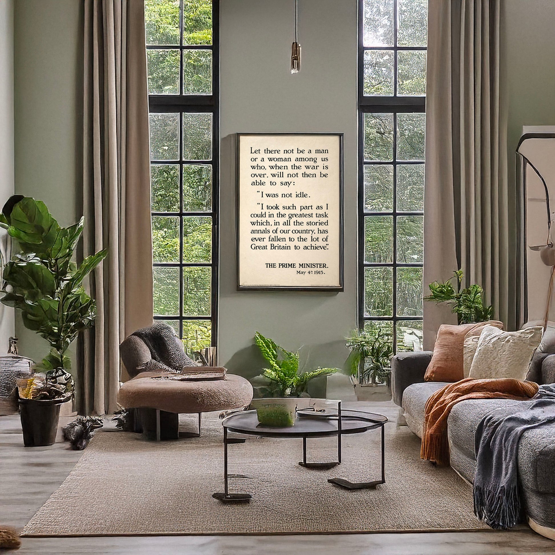 A picture of Let there not be a man or a woman among us ..., a mockup of the print leaning against a wall