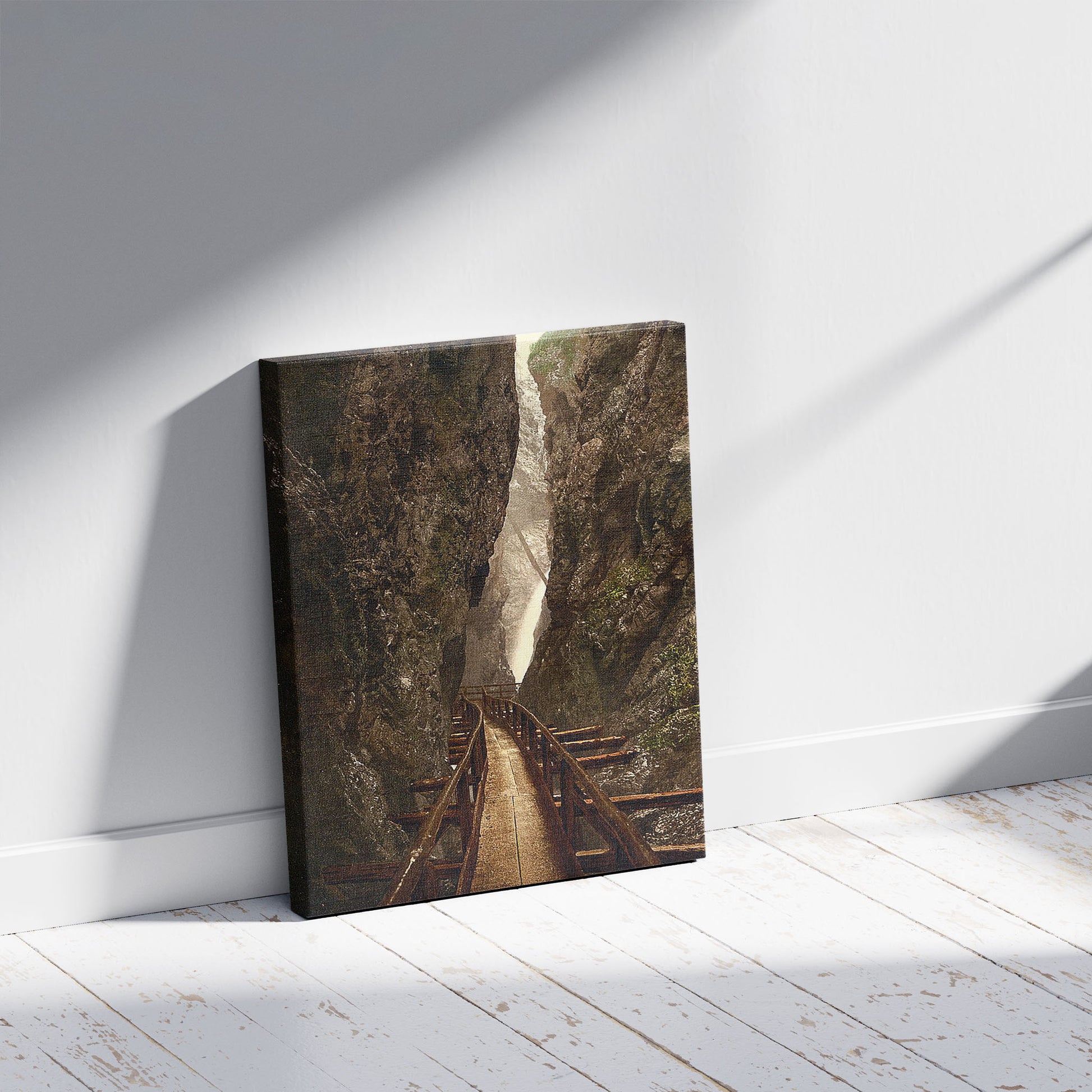 A picture of Leutaschklamm I, Upper Bavaria, Germany, a mockup of the print leaning against a wall