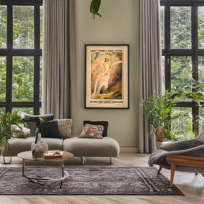 A picture of Liberty sowing the seeds of victory, a mockup of the print leaning against a wall