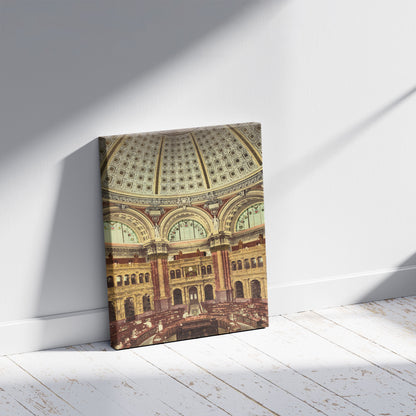 A picture of Library of Congress, Reading Room in rotunda, a mockup of the print leaning against a wall