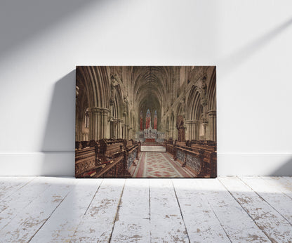 A picture of Lichfield Cathedral, Choir East, a mockup of the print leaning against a wall