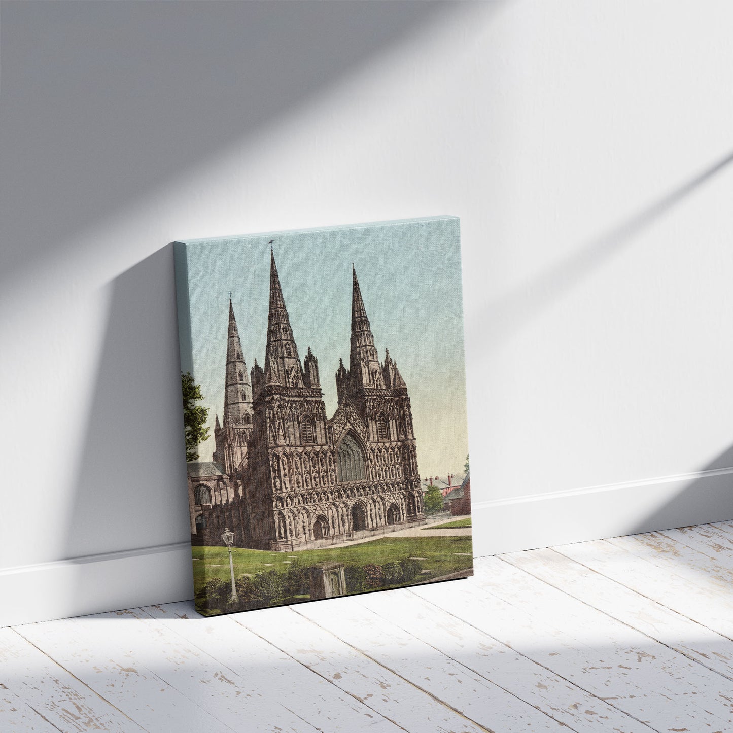 A picture of Lichfield Cathedral, N.W., a mockup of the print leaning against a wall