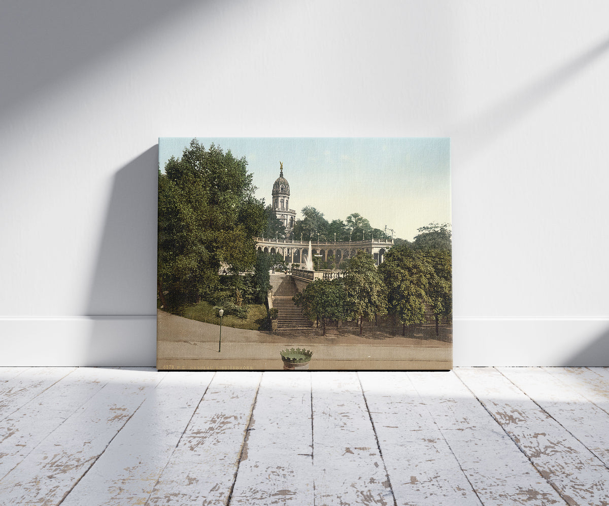 A picture of Liebichshohe, Breslau, Silesia, Germany (i.e., Wrocław, Poland), a mockup of the print leaning against a wall