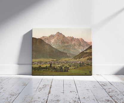 A picture of Lienz, with the Spitzkolft (i.e., Spitzkofl), Tyrol, Austro-Hungary, a mockup of the print leaning against a wall