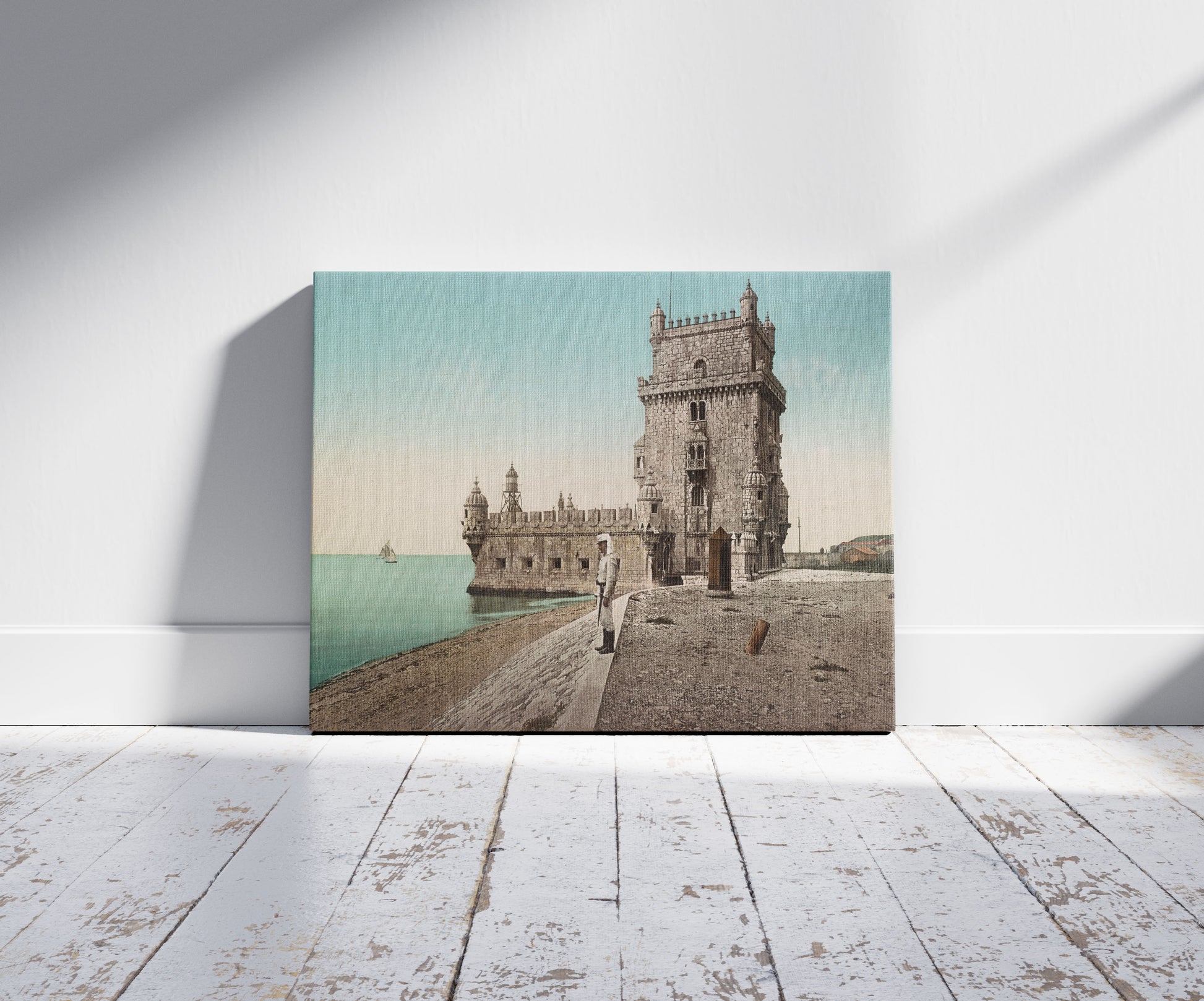 A picture of Lisboa. Belem. La Torre de São Vincente, a mockup of the print leaning against a wall