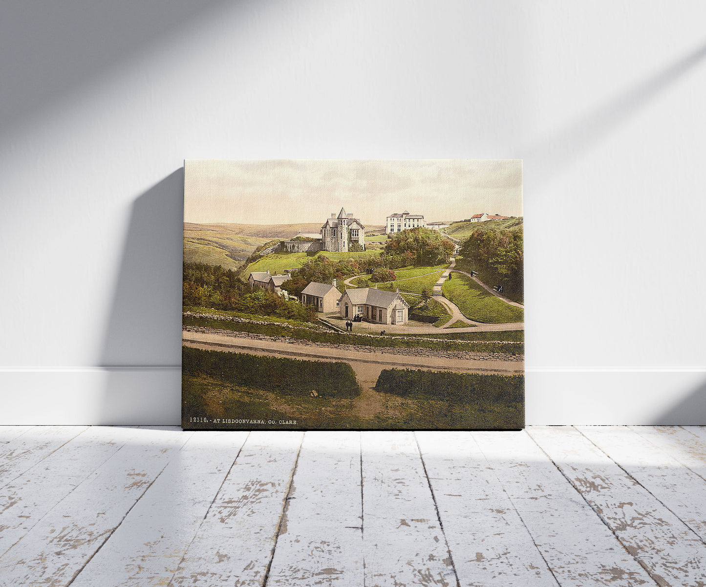 A picture of Lisdoonvarna. County Claire (i.e. Clare), Ireland, a mockup of the print leaning against a wall