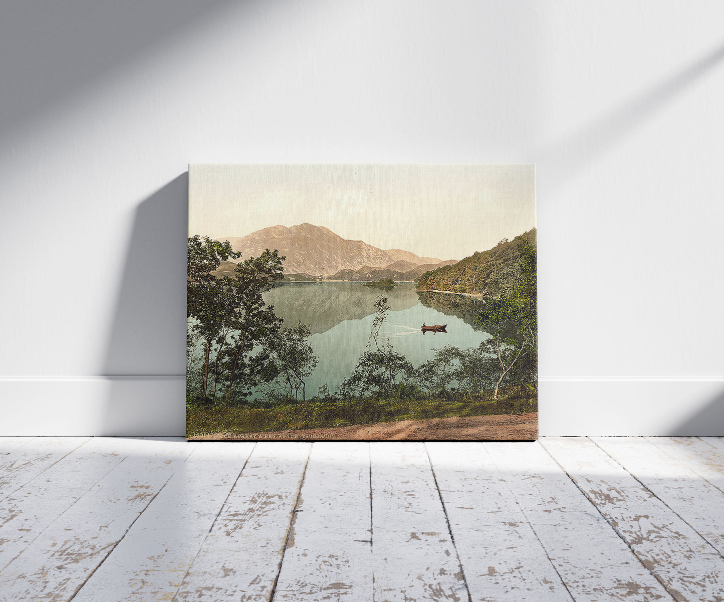 A picture of Loch Achray and Ben Venue, Trossachs, Scotland, a mockup of the print leaning against a wall