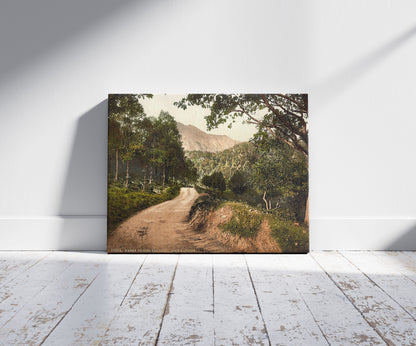 A picture of Loch Katrine "Where Twines the Path," Trossachs, Scotland, a mockup of the print leaning against a wall