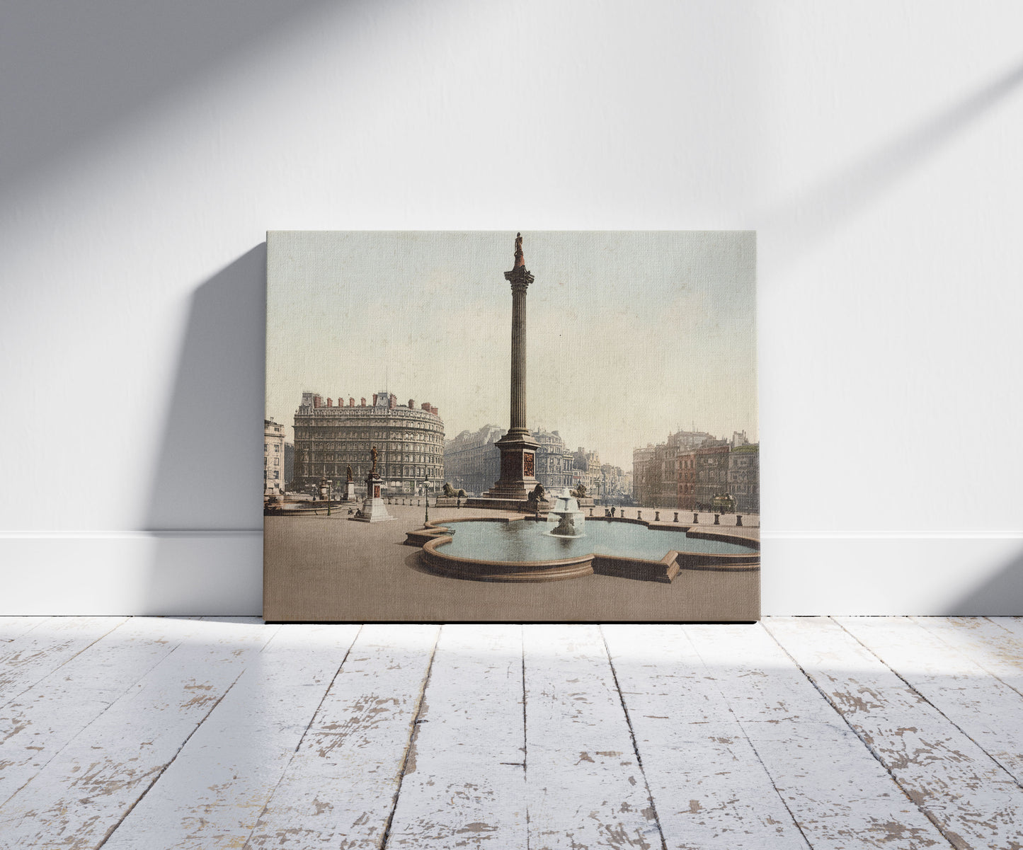 A picture of London. Trafalgar Square, a mockup of the print leaning against a wall