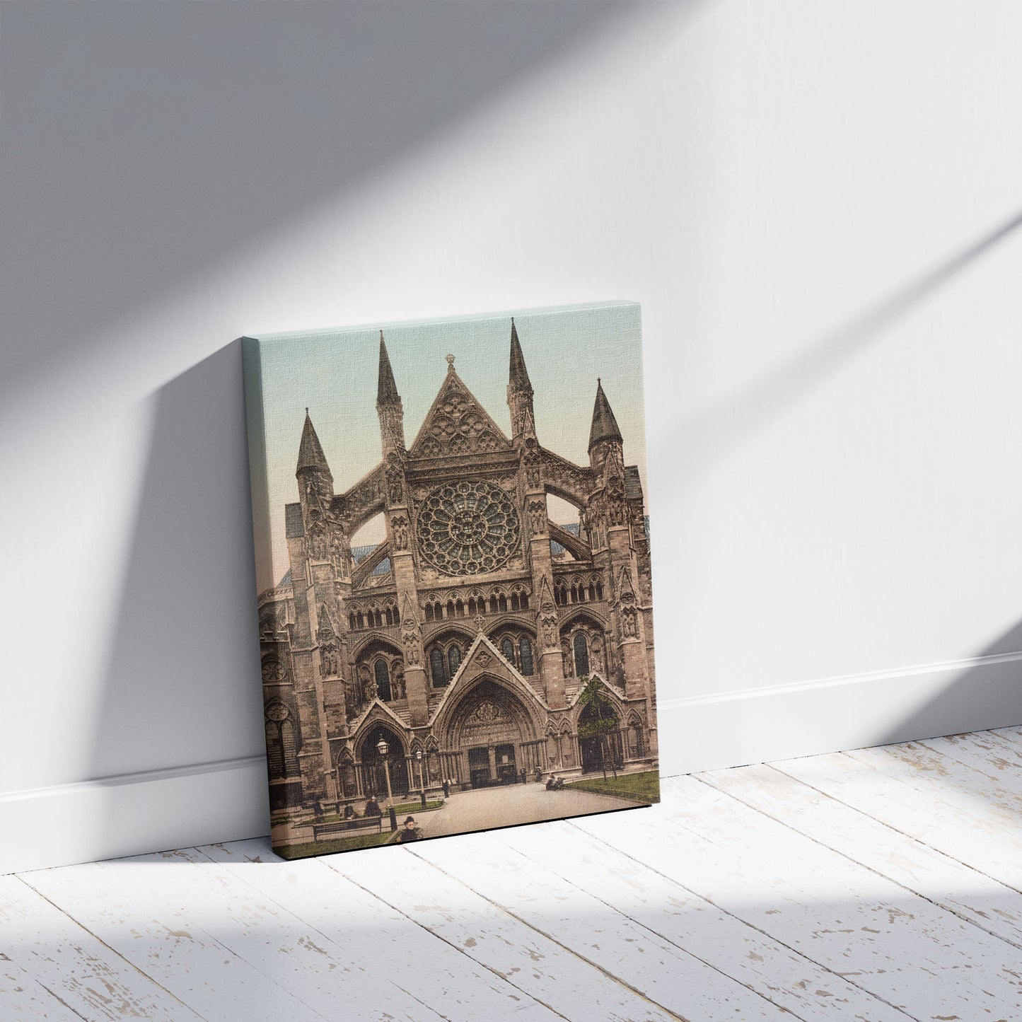 A picture of London. Westminster Abbey. North Door, a mockup of the print leaning against a wall