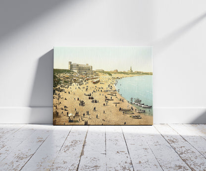 A picture of Long Sands, Tynemouth, England, a mockup of the print leaning against a wall