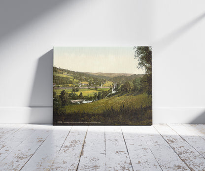 A picture of Looking towards Lydbrook, Kerne Bridge, England, a mockup of the print leaning against a wall