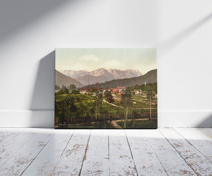 A picture of Looking towards the Zugspitze, Oberau, Upper Bavaria, Germany, a mockup of the print leaning against a wall