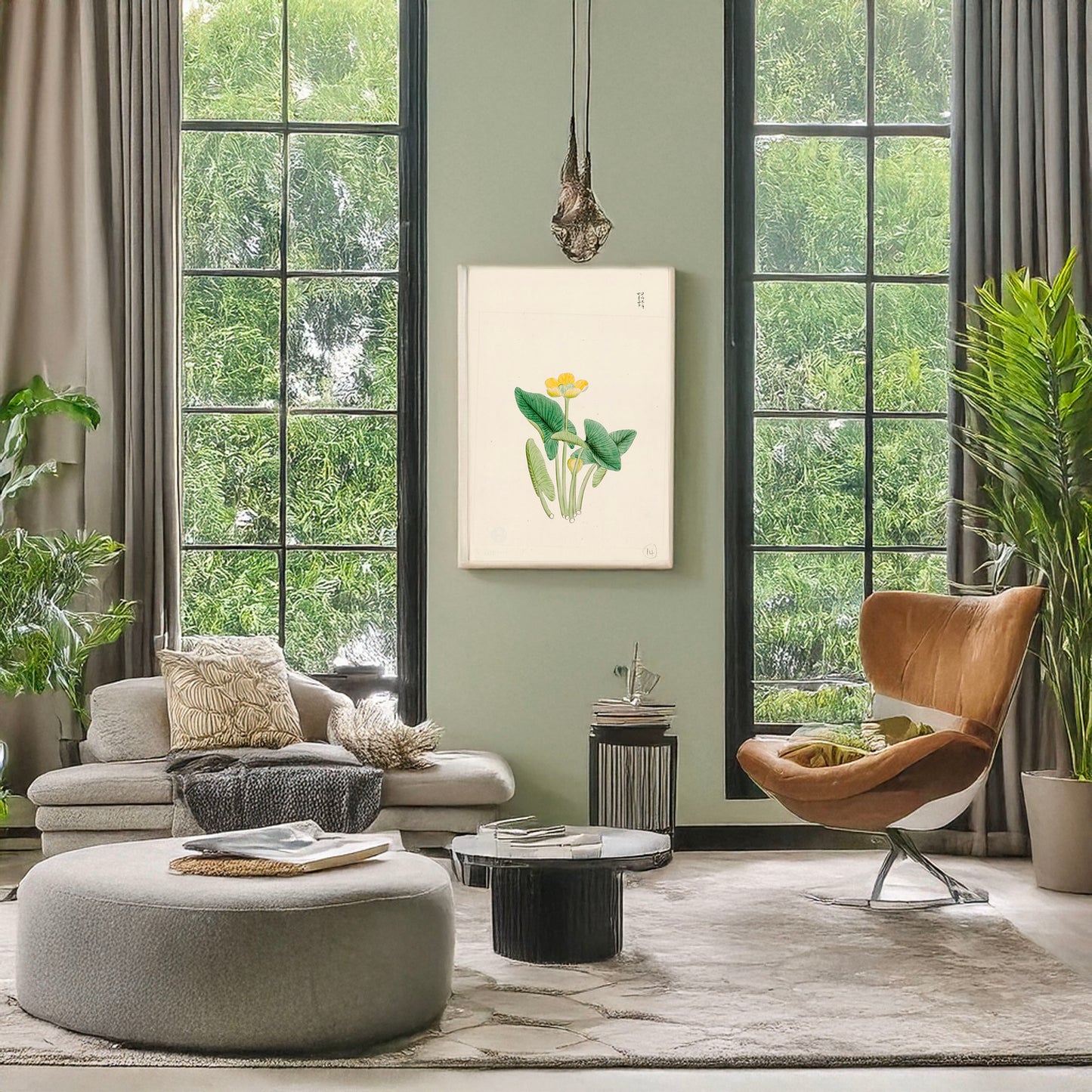 A picture of Lotus-like plant with yellow blossom and large leaves, each on separate stalks, a mockup of the print leaning against a wall