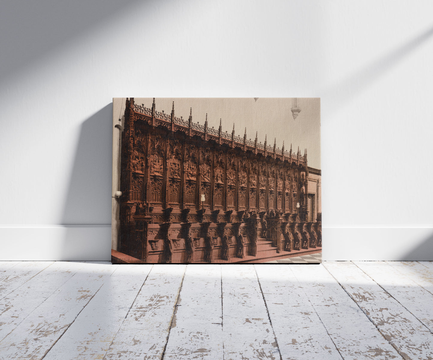 A picture of Louvain. L'Eglise St. Gertrude. Les Stalles à Gauche, a mockup of the print leaning against a wall