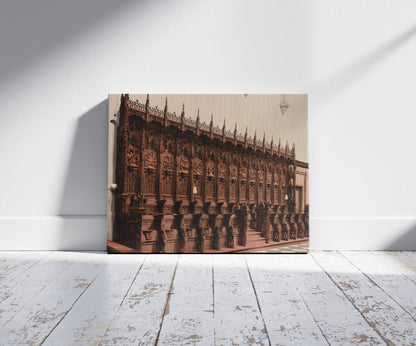 A picture of Louvain. L'Eglise St. Gertrude. Les Stalles à Gauche, a mockup of the print leaning against a wall