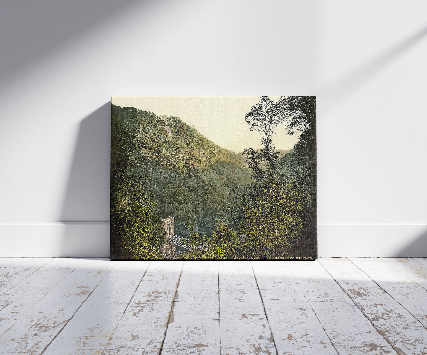 A picture of Lover's Leap, Dargle. County Wicklow, Ireland, a mockup of the print leaning against a wall