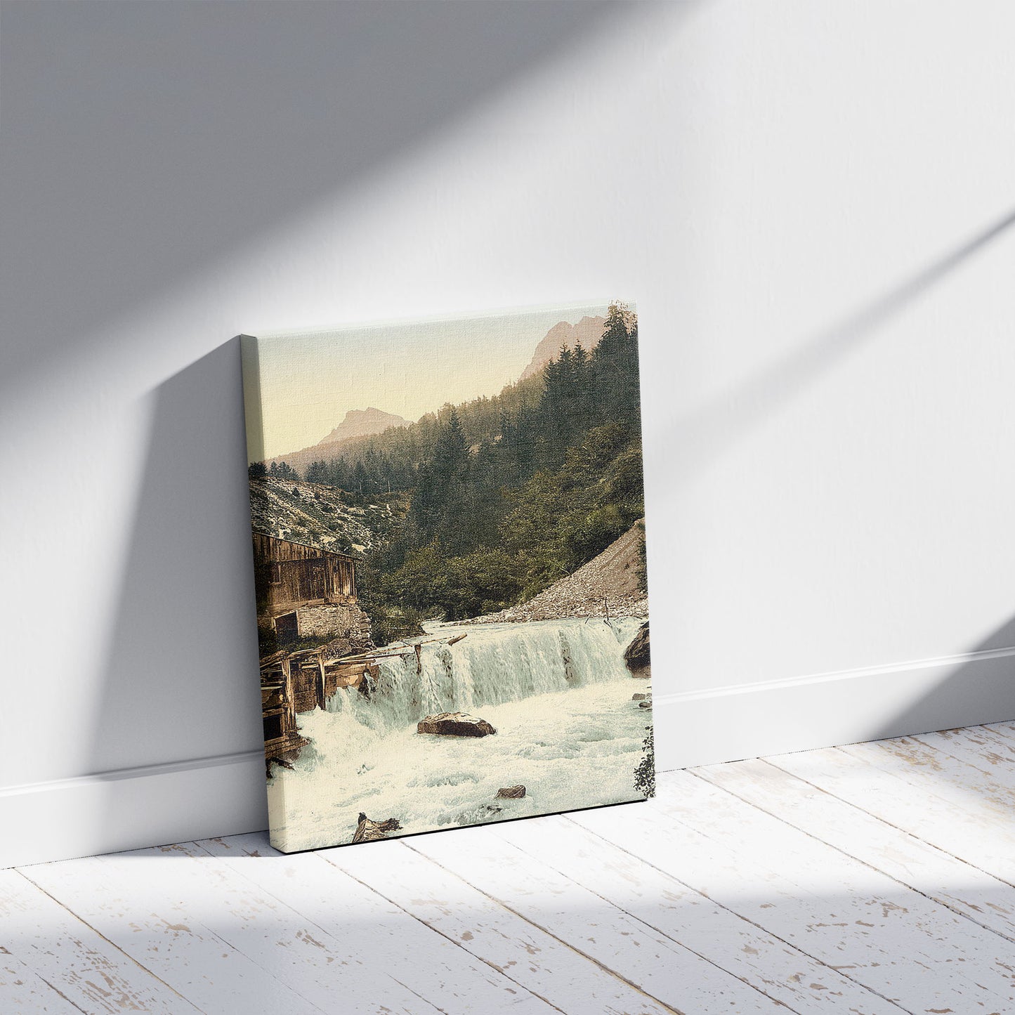 A picture of Lower Engadine, Tarasp, waterfall, Grisons, Switzerland, a mockup of the print leaning against a wall