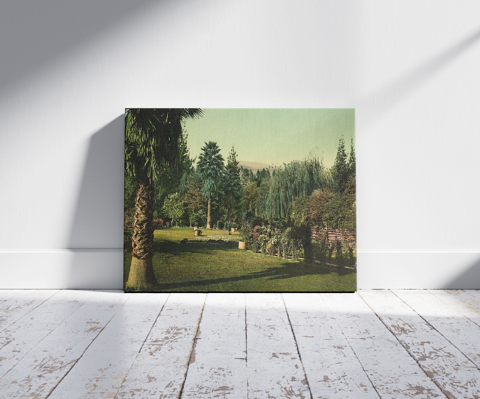 A picture of Lucky Baldwin's ranch, Pasadena, a mockup of the print leaning against a wall