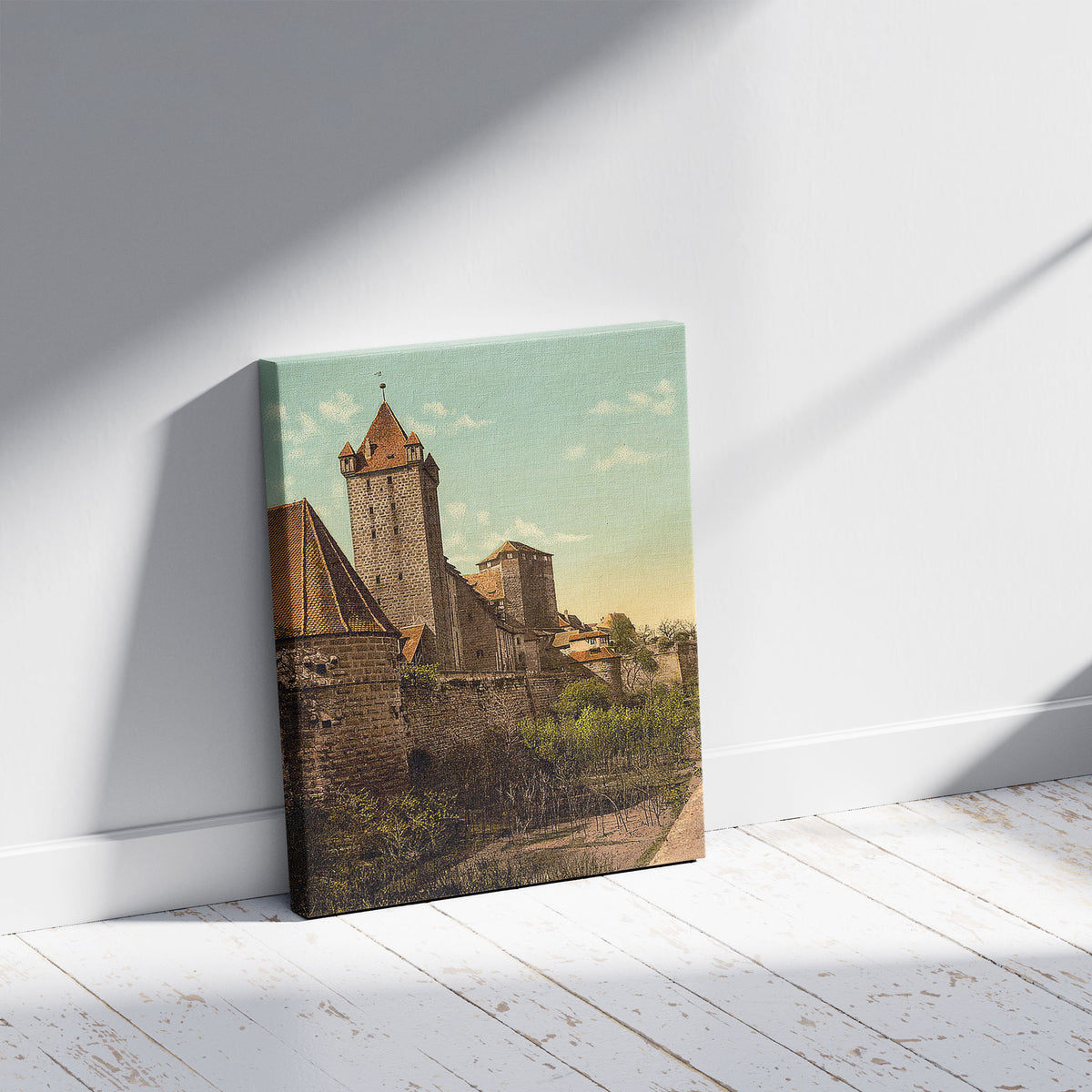 A picture of Ludinsland (i.e. Luginsland), Nuremberg, Bavaria, Germany, a mockup of the print leaning against a wall