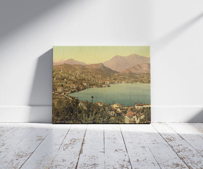 A picture of Lugano, from San Salvatore, Tessin, Switzerland, a mockup of the print leaning against a wall