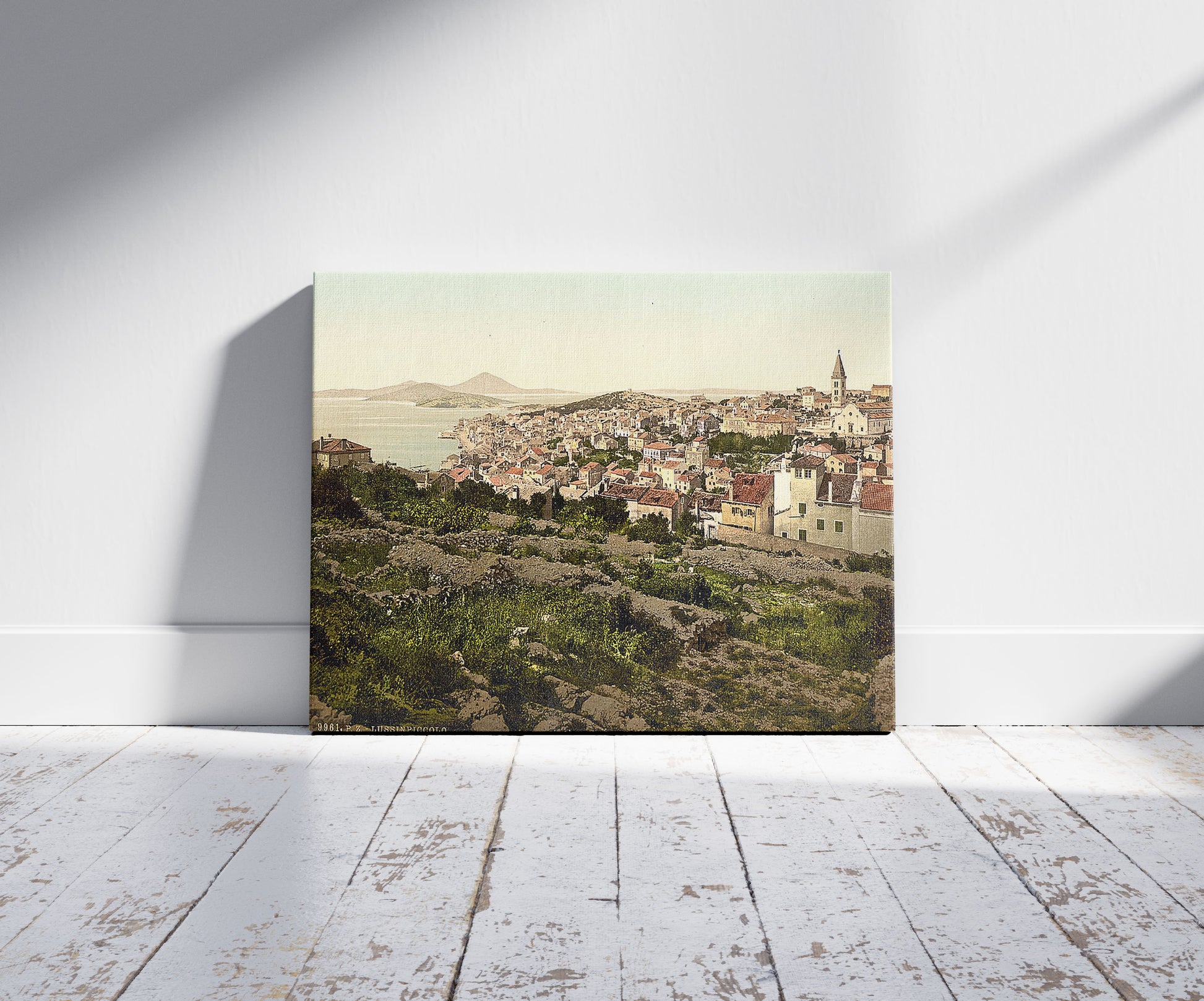 A picture of Lussin-Piccolo (i.e, Lussinpiccolo), general view, Istria, Austro-Hungary, a mockup of the print leaning against a wall