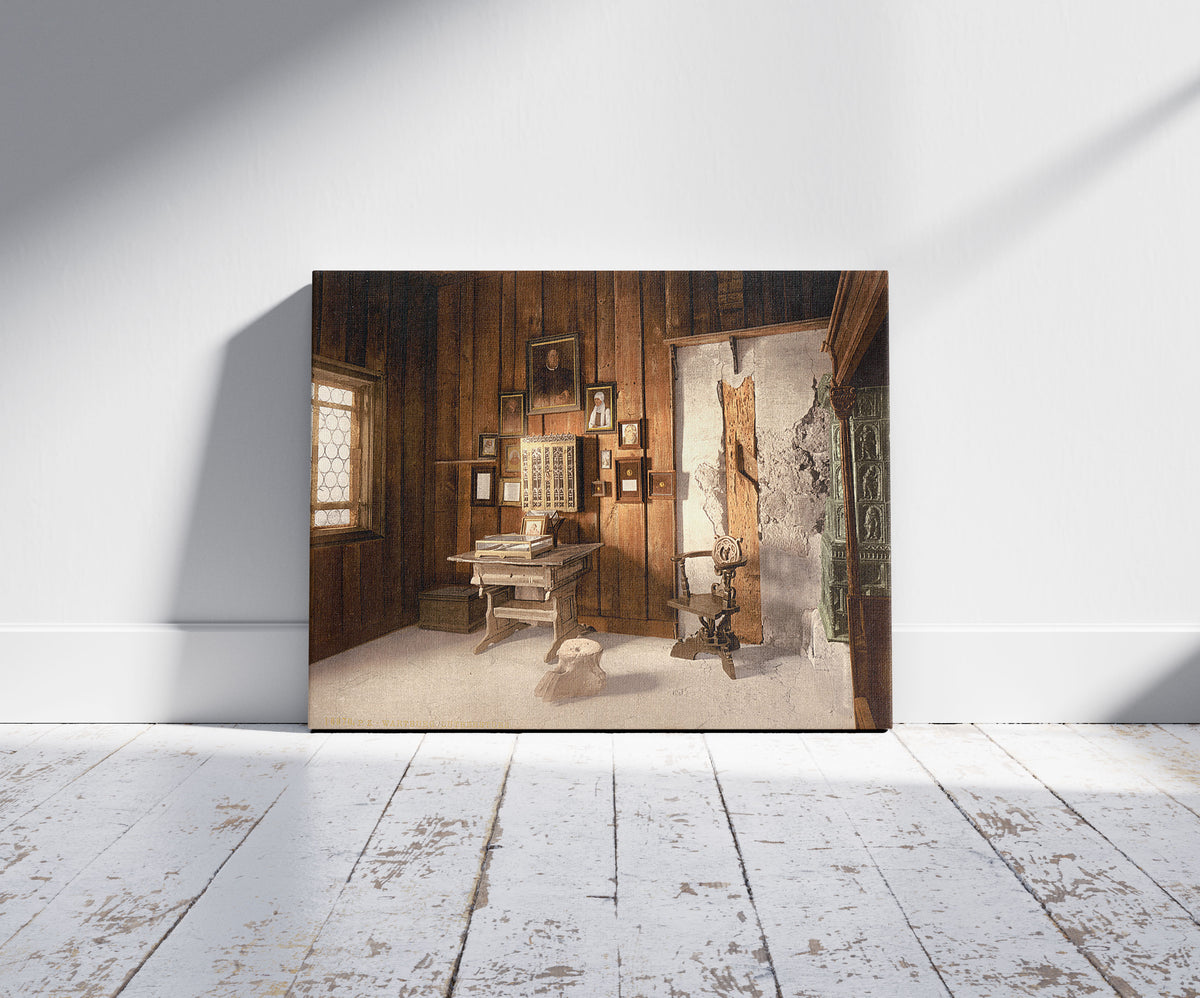 A picture of Luther's study, Wartburg, Thuringia, Germany, a mockup of the print leaning against a wall