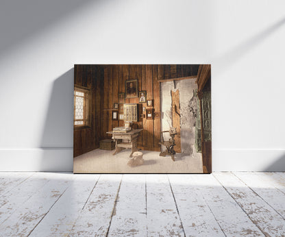 A picture of Luther's study, Wartburg, Thuringia, Germany, a mockup of the print leaning against a wall