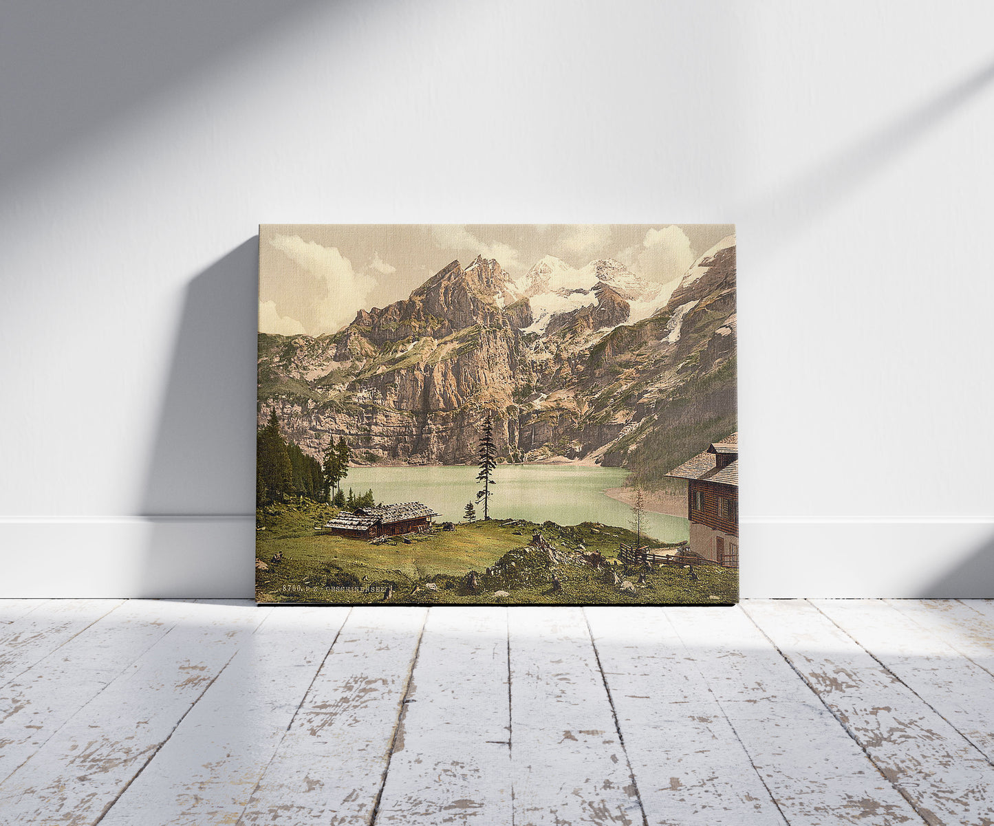 A picture of Lutschinen, Oeschinensee, Bernese Oberland, Switzerland, a mockup of the print leaning against a wall