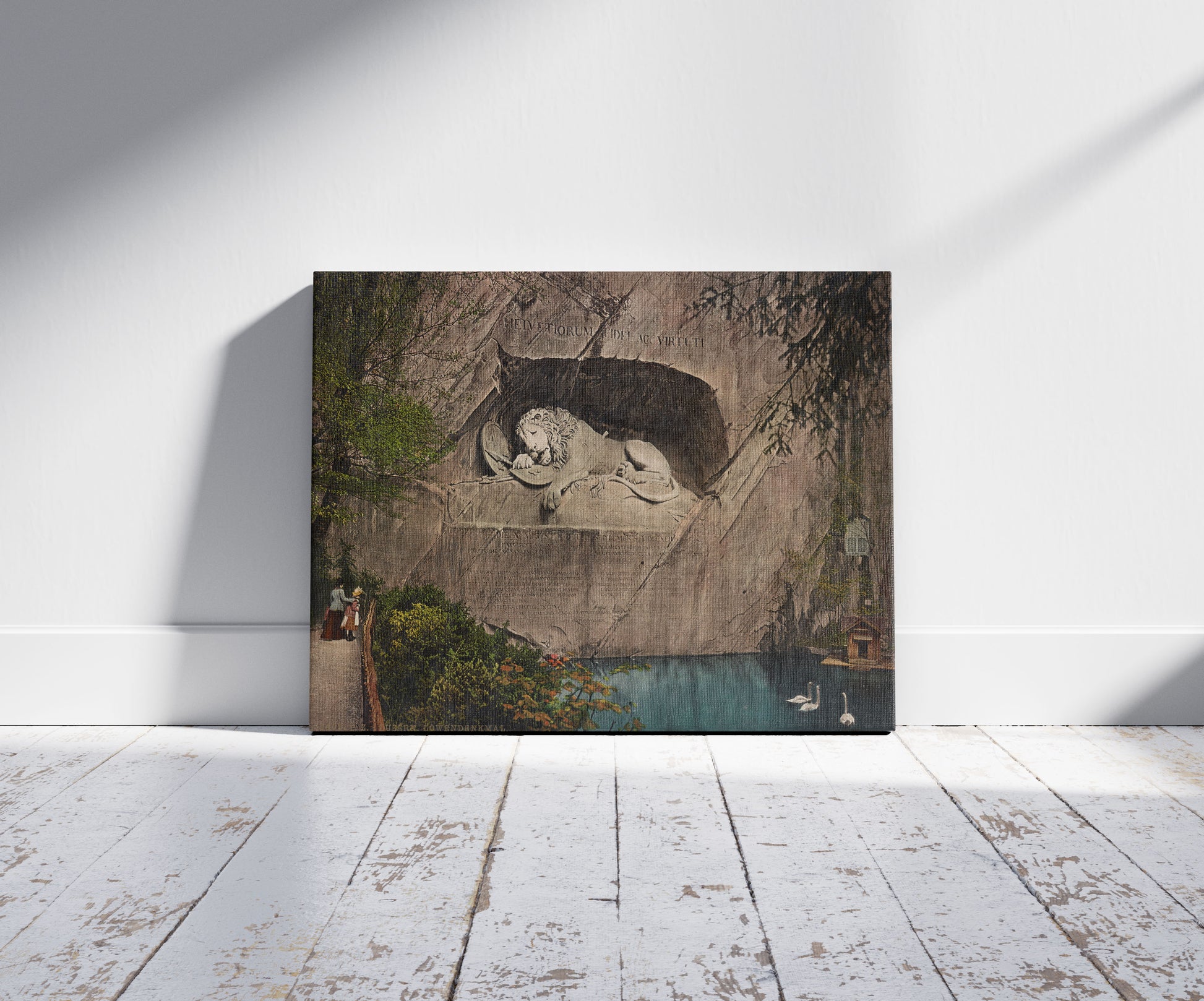 A picture of Luzerne. Löwendenkmal, a mockup of the print leaning against a wall