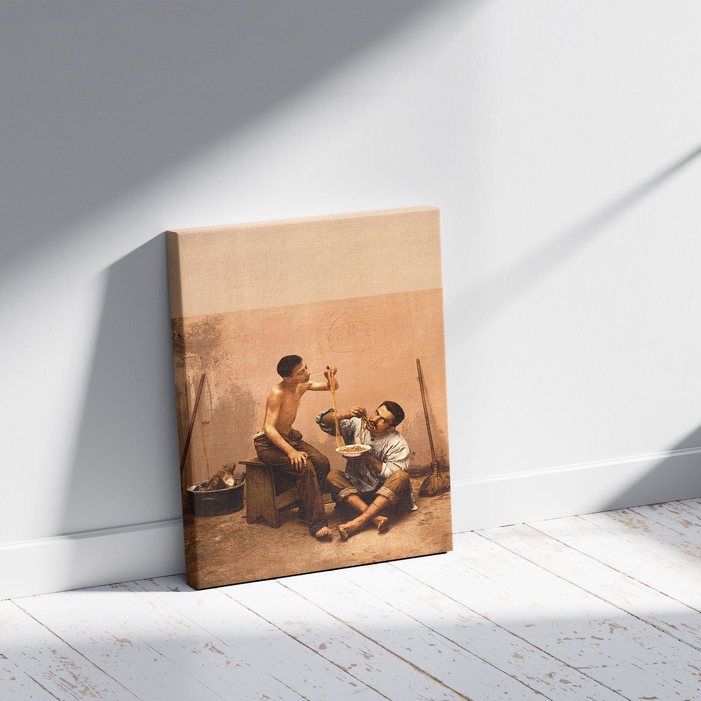 A picture of Macaroni seller, Naples, Italy, a mockup of the print leaning against a wall