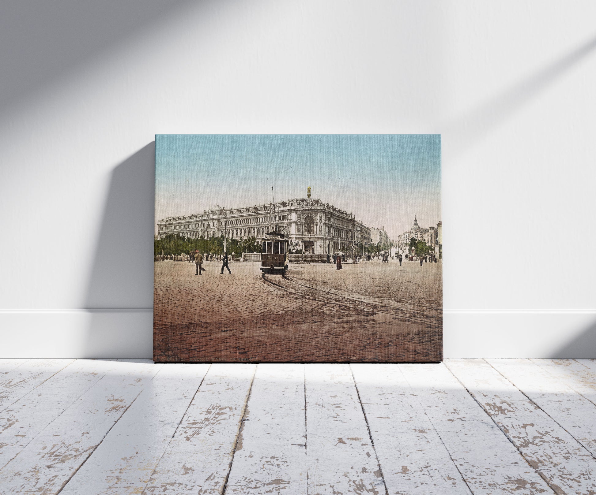 A picture of Madrid. Banco de  España, a mockup of the print leaning against a wall