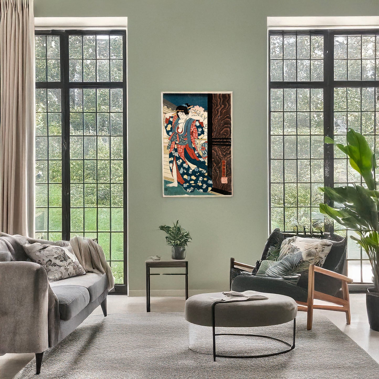 A picture of Mage o naosu yūjo, a mockup of the print leaning against a wall