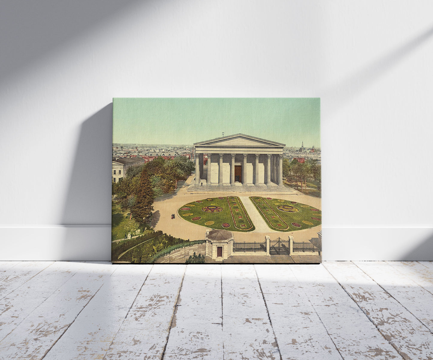 A picture of Main building, Girard College, Philadelphia, a mockup of the print leaning against a wall