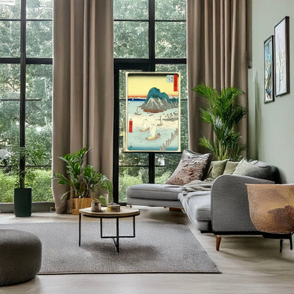 A picture of Maisaka, a mockup of the print leaning against a wall