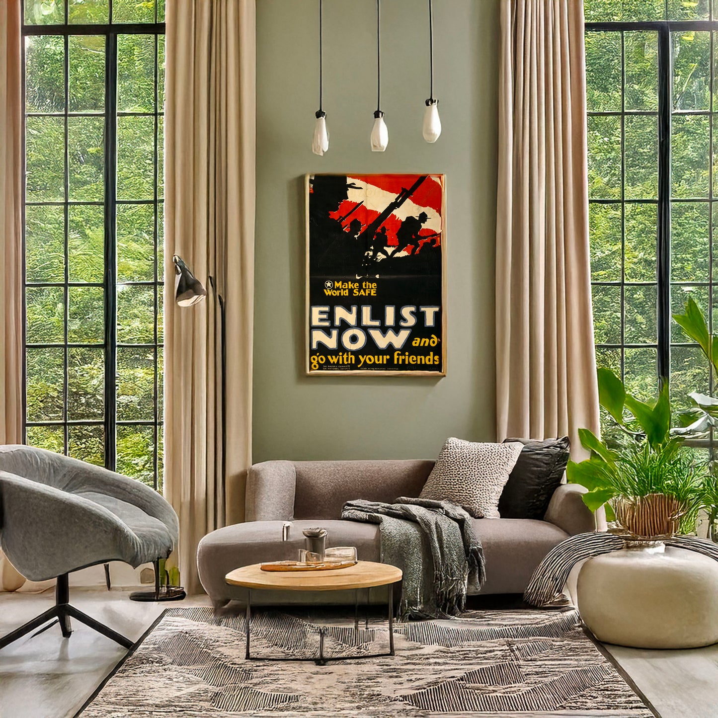 A picture of Make the world safe--Enlist now and go with your friends, a mockup of the print leaning against a wall