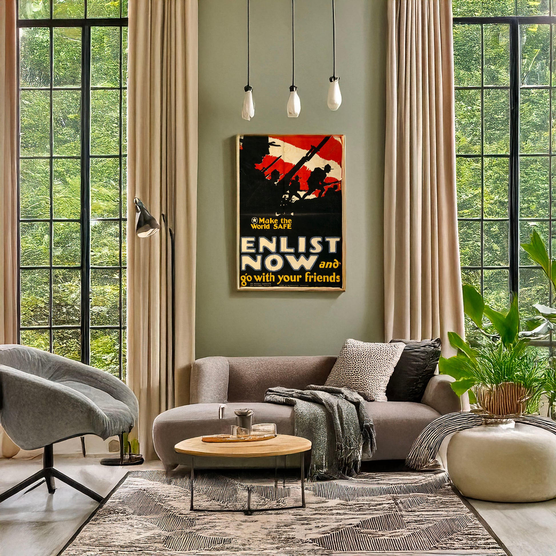 A picture of Make the world safe--Enlist now and go with your friends, a mockup of the print leaning against a wall